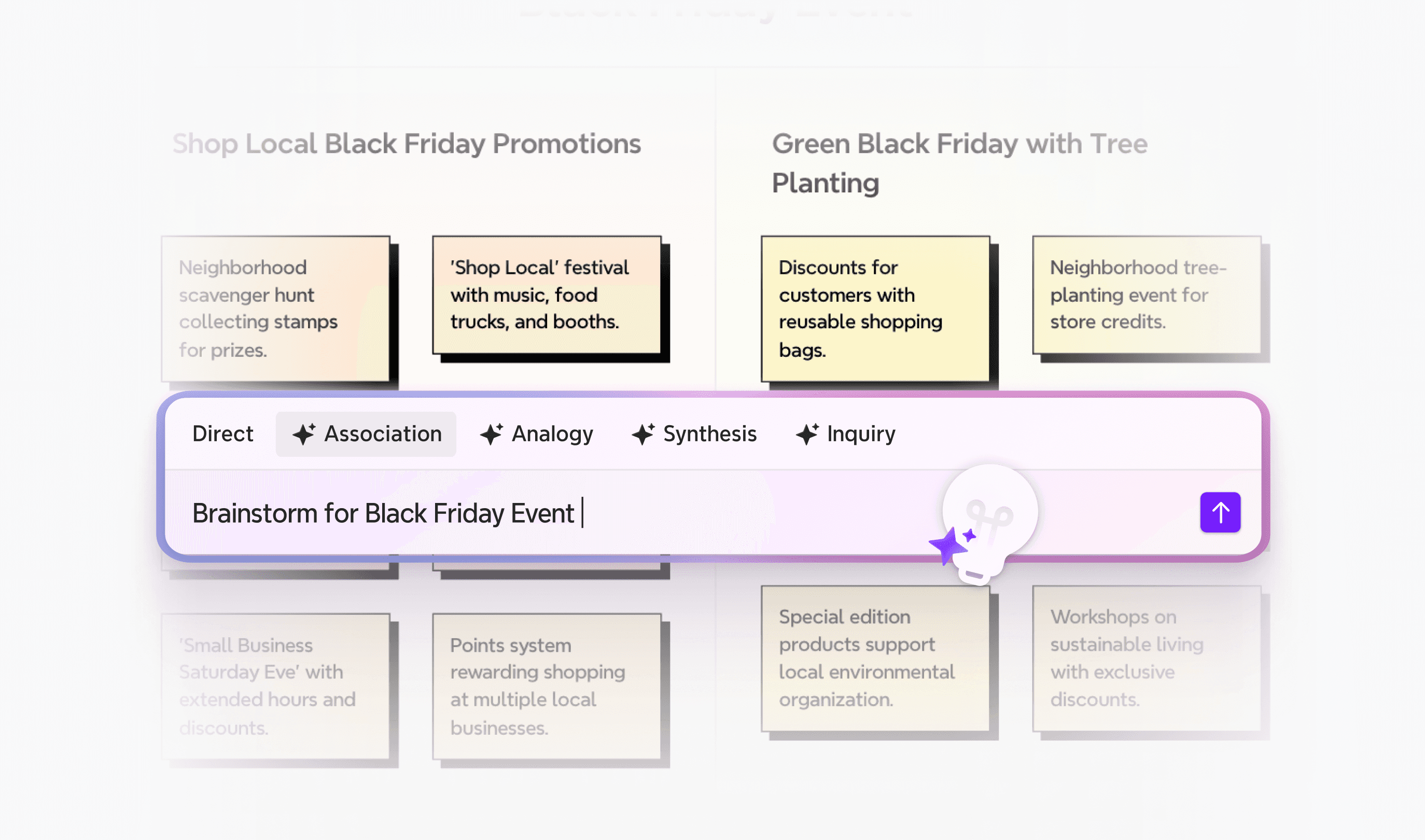 Xmind AI-powered brainstorming interface generating ideas for a Black Friday event, automatically expanding concepts from a single prompt.