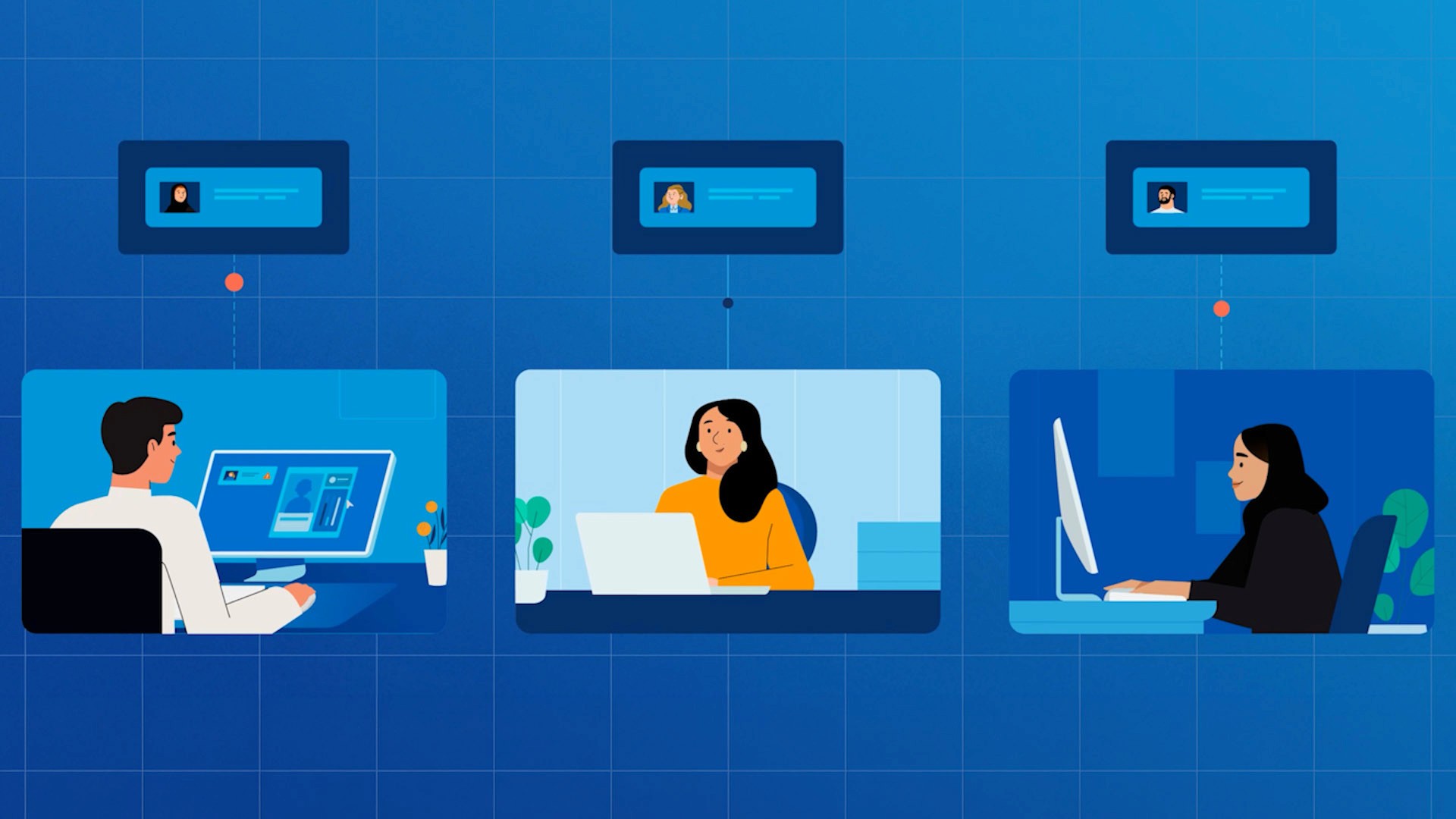 Illustration of employees communicating across multiple screens within a digital platform interface
