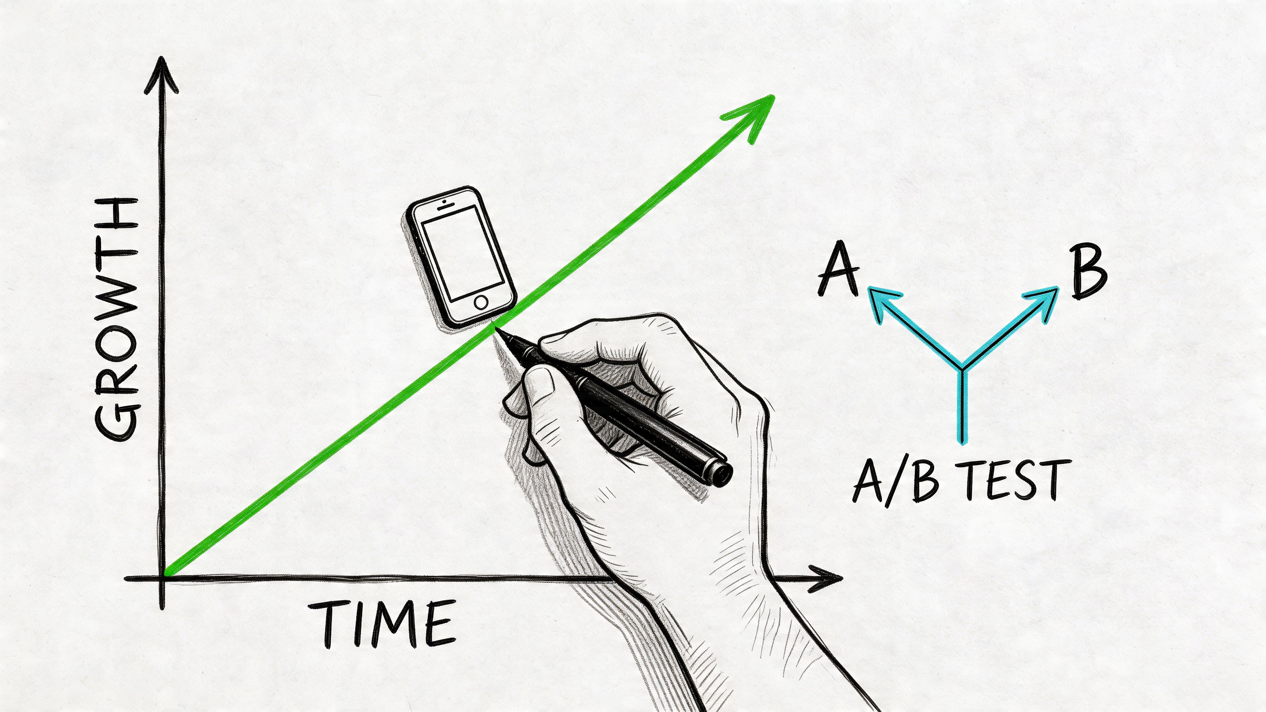 A hand drawing a growth chart with a smartphone icon illustrating an A/B test decision process.