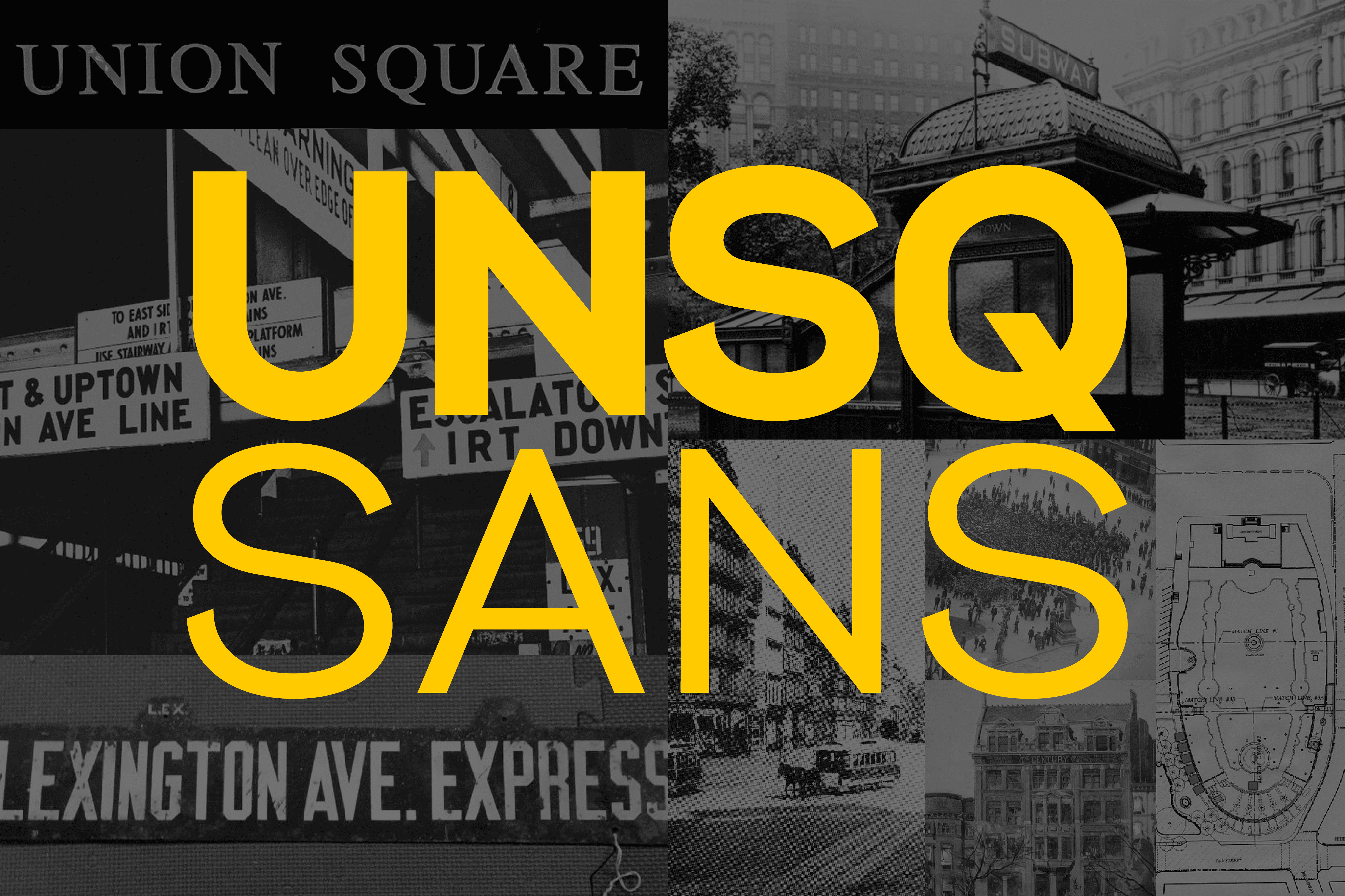 Text promotion featuring the words "UNSQ SANS" in bold yellow, with a stylized background.