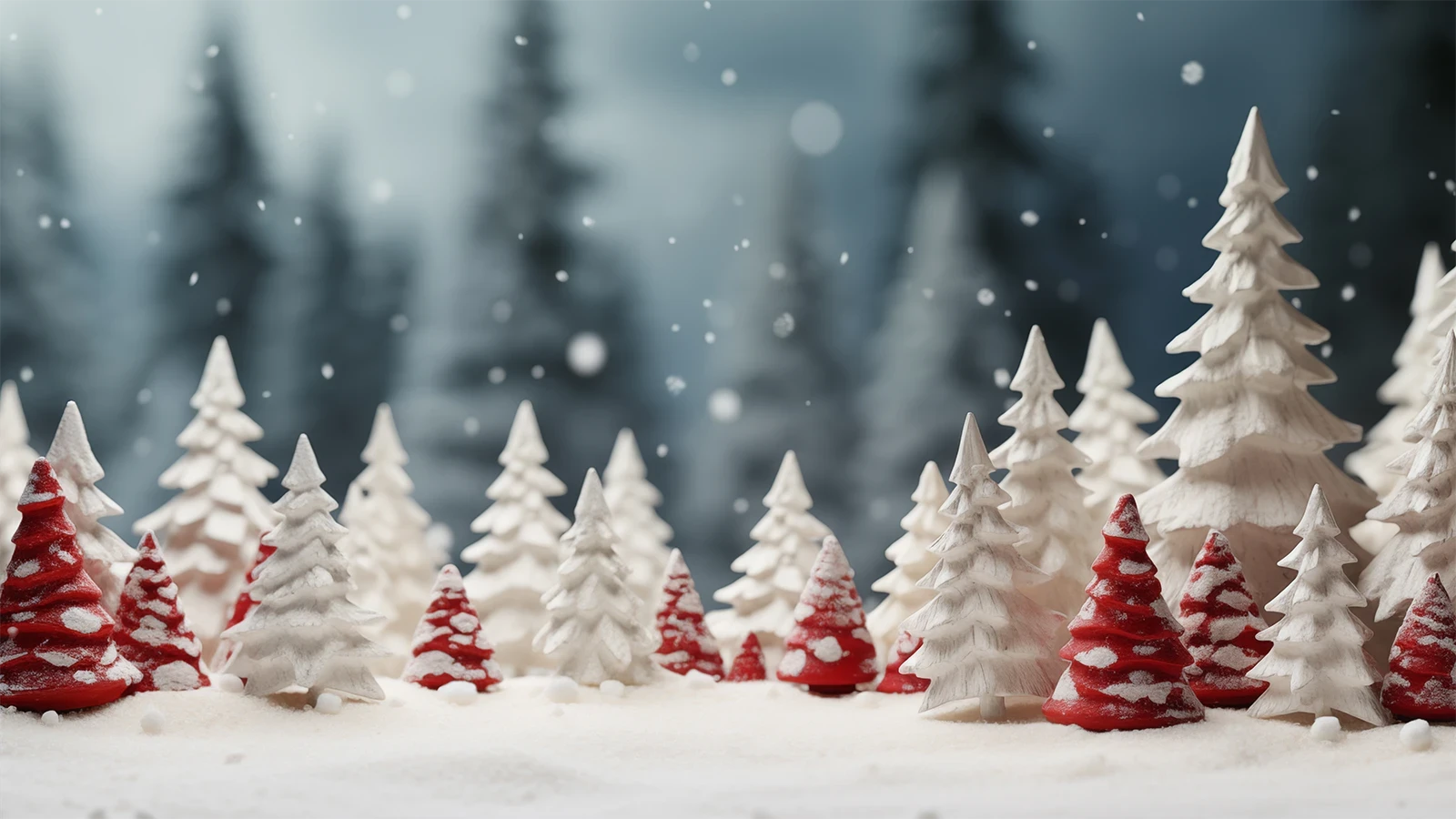 Wald aus Keramikbäumen in weiß und rot