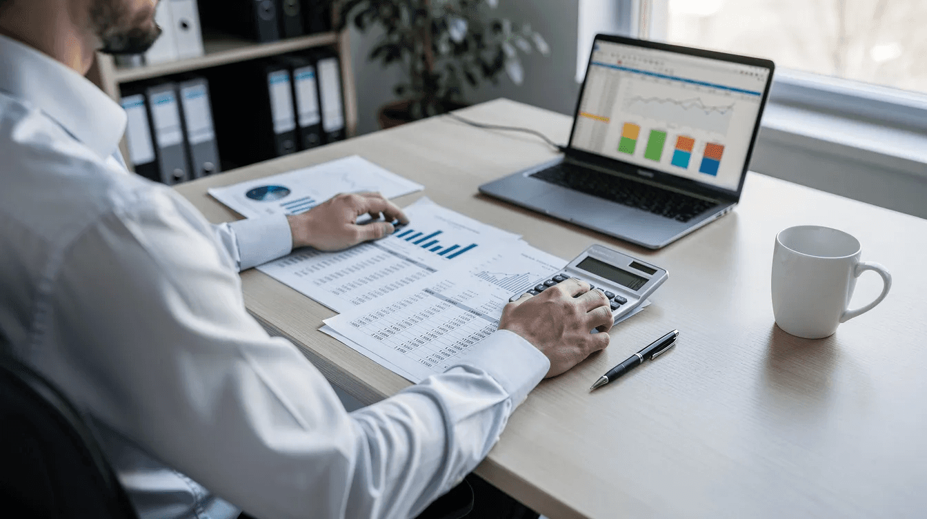 A person is sitting at a desk, reviewing various financial documents that include charts and calculations, while using a calculator to analyze their investment accounts and tax strategies. This scene reflects the importance of tax planning and smart diversification in managing wealth effectively and minimizing tax burdens.