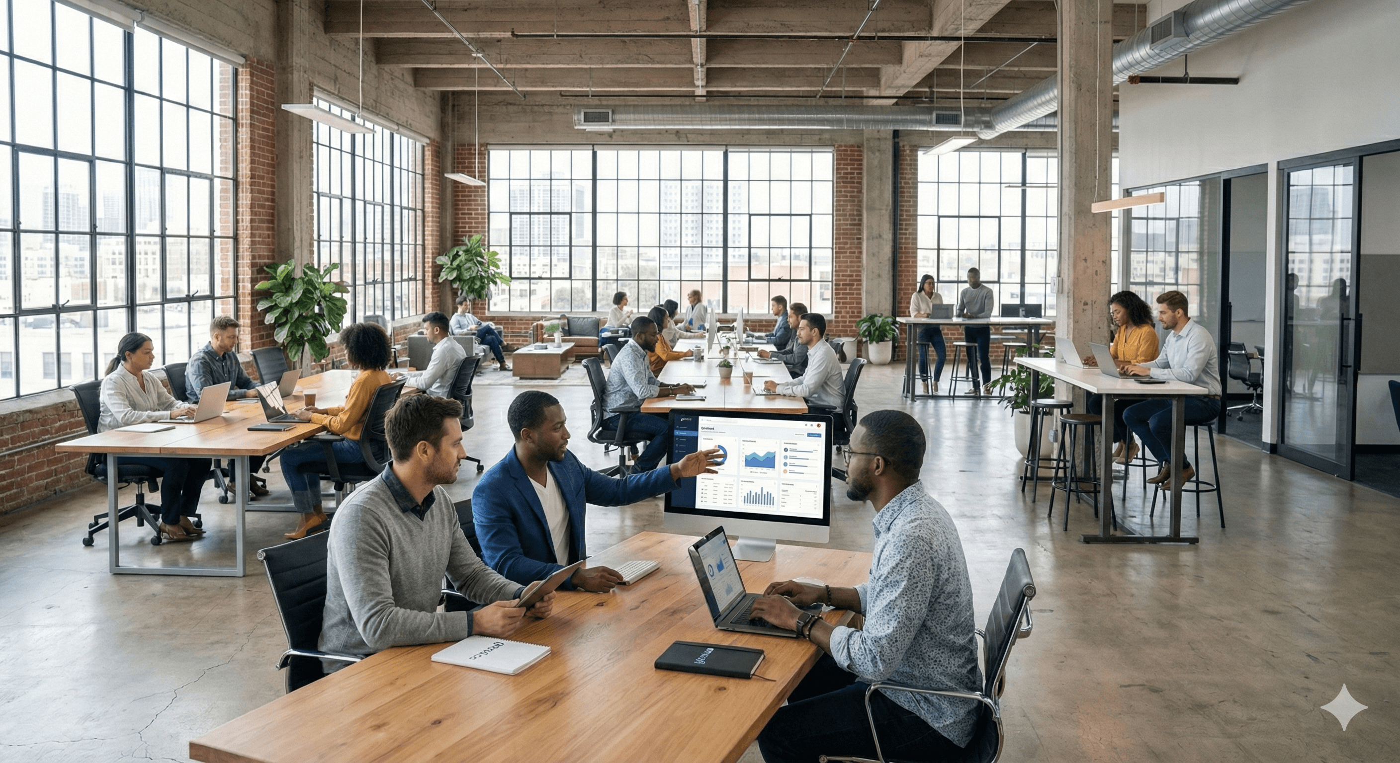 A modern open office space filled with diverse professionals collaborating at wooden desks, using laptops and large screens, with natural light streaming through expansive windows, showcasing a productive workplace environment aligned with Inside OpenAI’s In-House Data Agent and enterprise learning strategies.
