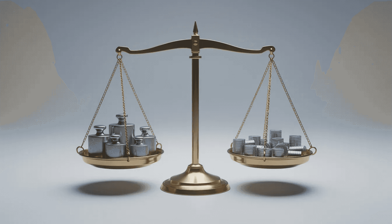 The image depicts a balanced scale with various weights of different sizes, symbolizing the concept of portfolio balance in investment strategies. This visual representation highlights the importance of considering risk tolerance and generating passive income when managing an investment portfolio, especially for those looking to invest 1 million dollars.