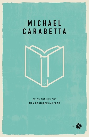 A cyan poster showing a white lined open book with the title: Michael Carabetta.