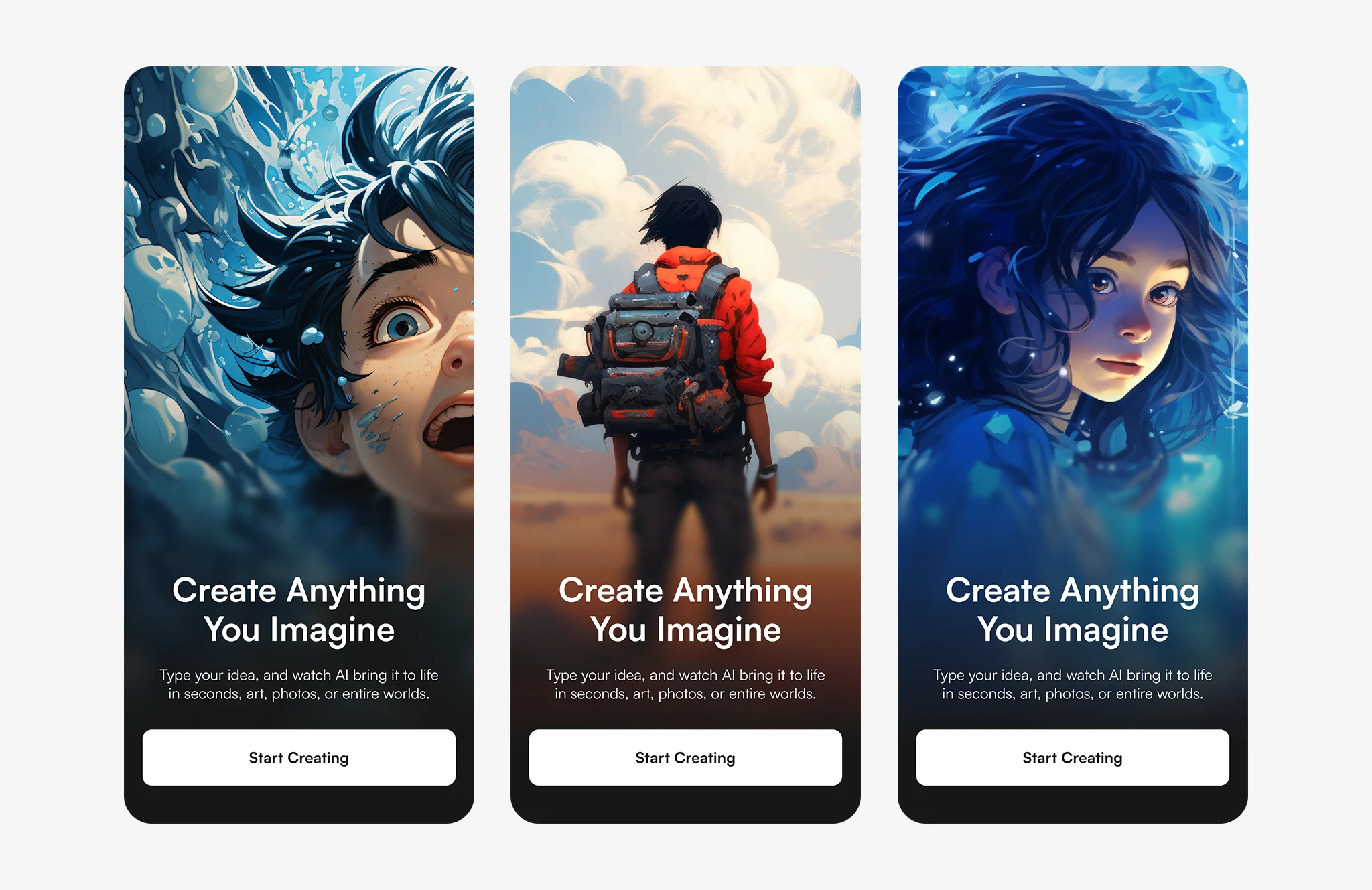 AI image generation app UI design featuring creative visuals, onboarding cards, and modern mobile interface