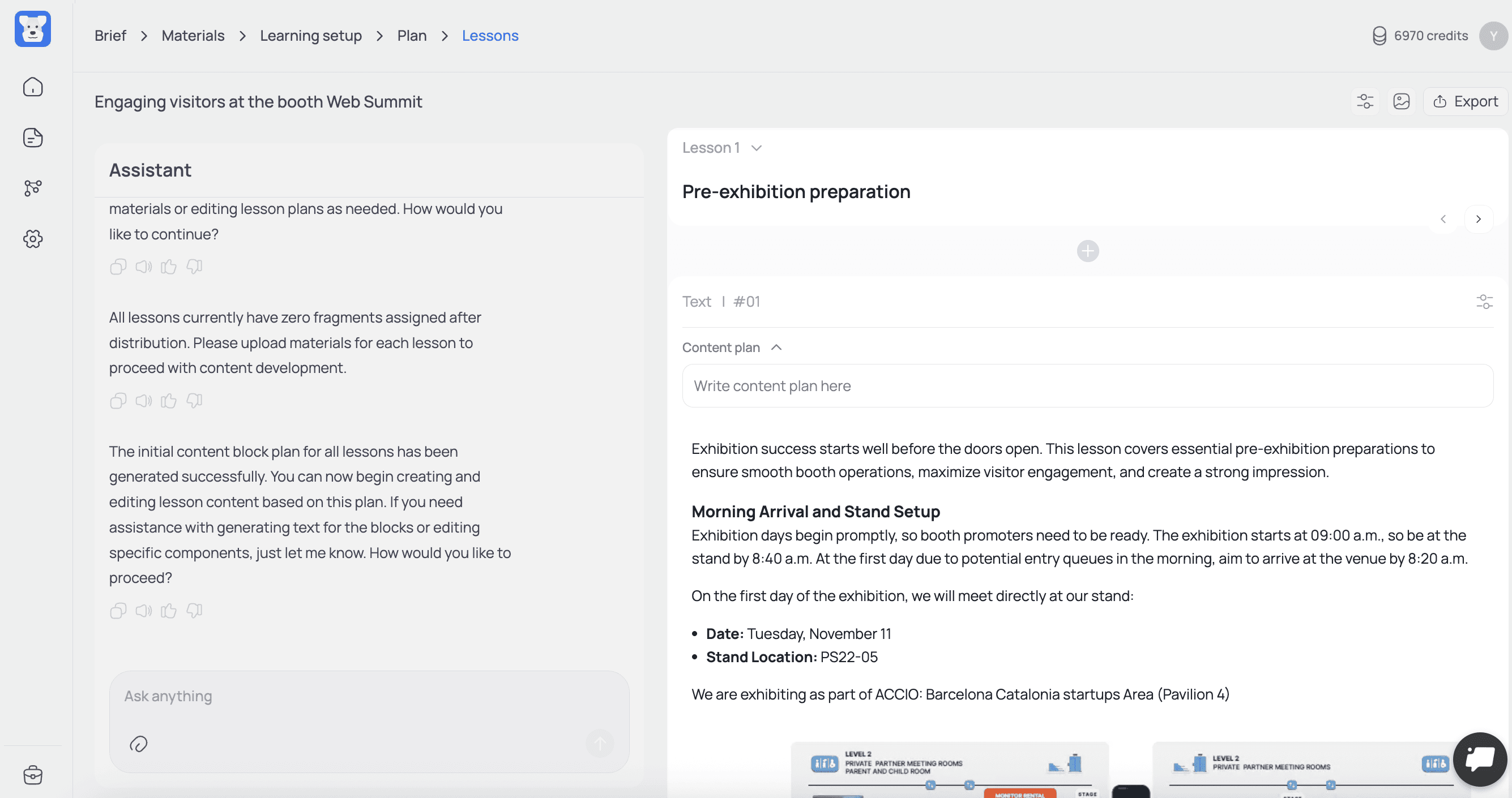 AI course creator lesson editor showing generated lesson content for booth staff training