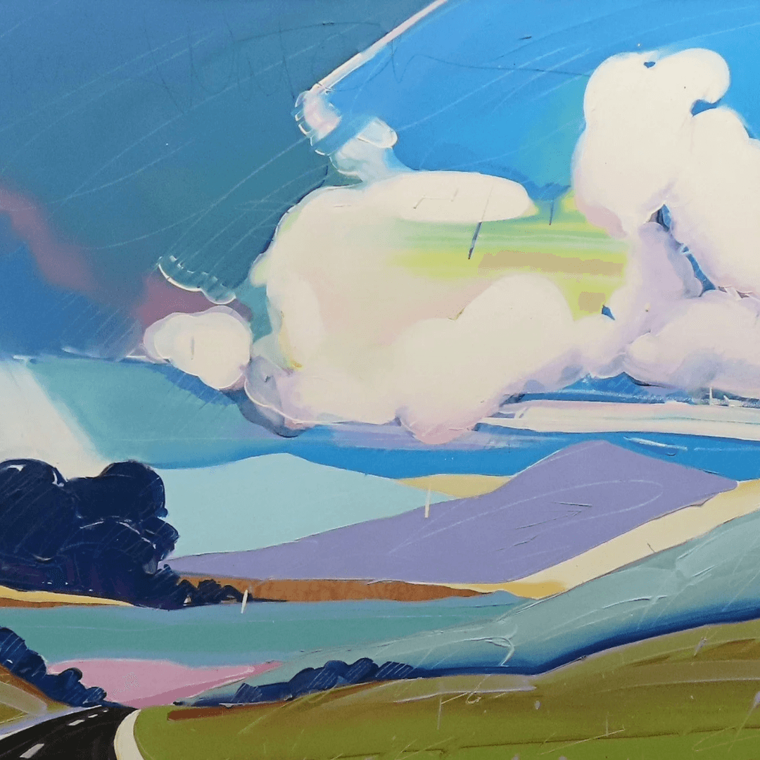 An image of a painting. Thick, colorful swatches imply mountains, rolling hills, and a road beneath a swirling sky