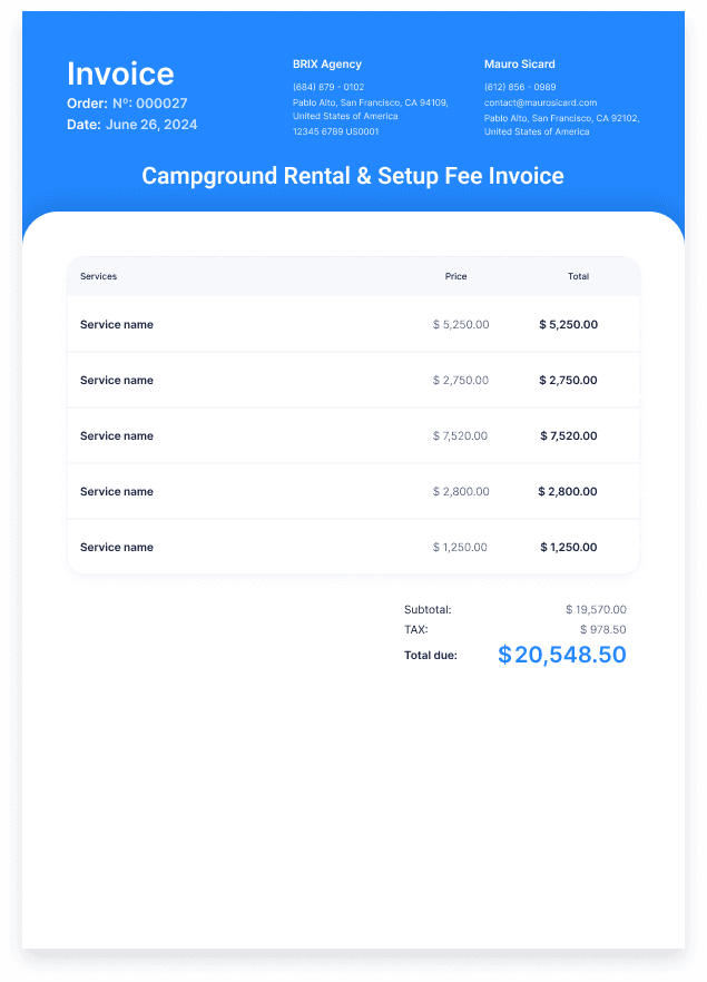 Campground Rental & Setup Fee Invoice