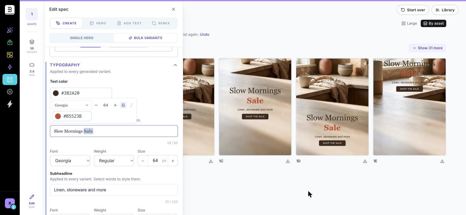 Backstroke Hero Lab Bulk Variants editor. In the Typography panel, the word “Sale” in the headline “Slow Mornings Sale” is selected and styled with its own bold, rust-red color. A row of kitchen-scene hero variants on the right shows the change applied across the set.