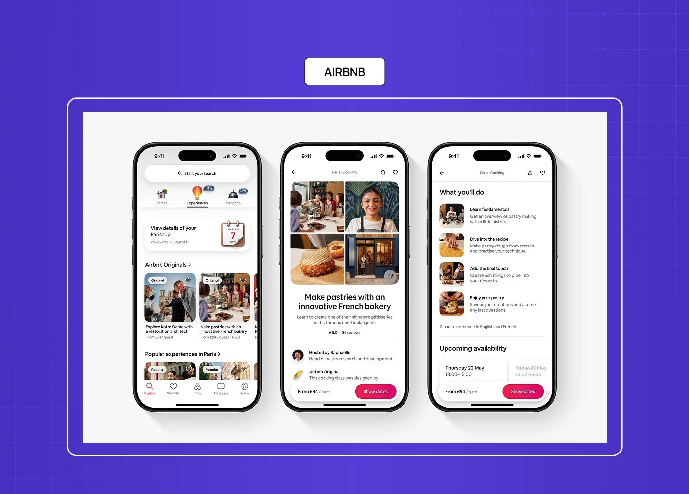 Mobile app screens from Airbnb displaying the experience discovery, booking, and availability browsing flows.