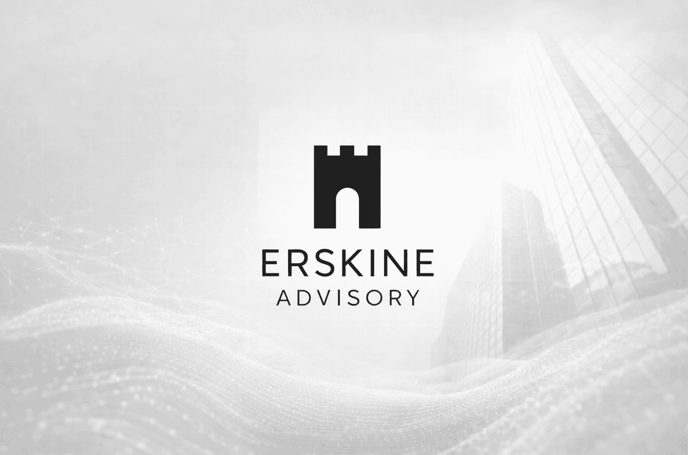 Erskine Advisory logo over a digital wave and office building