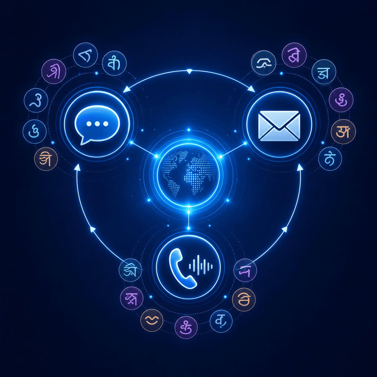 A sleek, modern illustration showing three communication channels — a chat bubble, an email envelope, and a voice/phone wave — arranged in a unified circular flow, with abstract visual representations of multiple world languages indicated by diverse script symbols floating around each channel, all connected by a central glowing hub, set against a deep navy and electric blue gradient background, minimalist and professional style