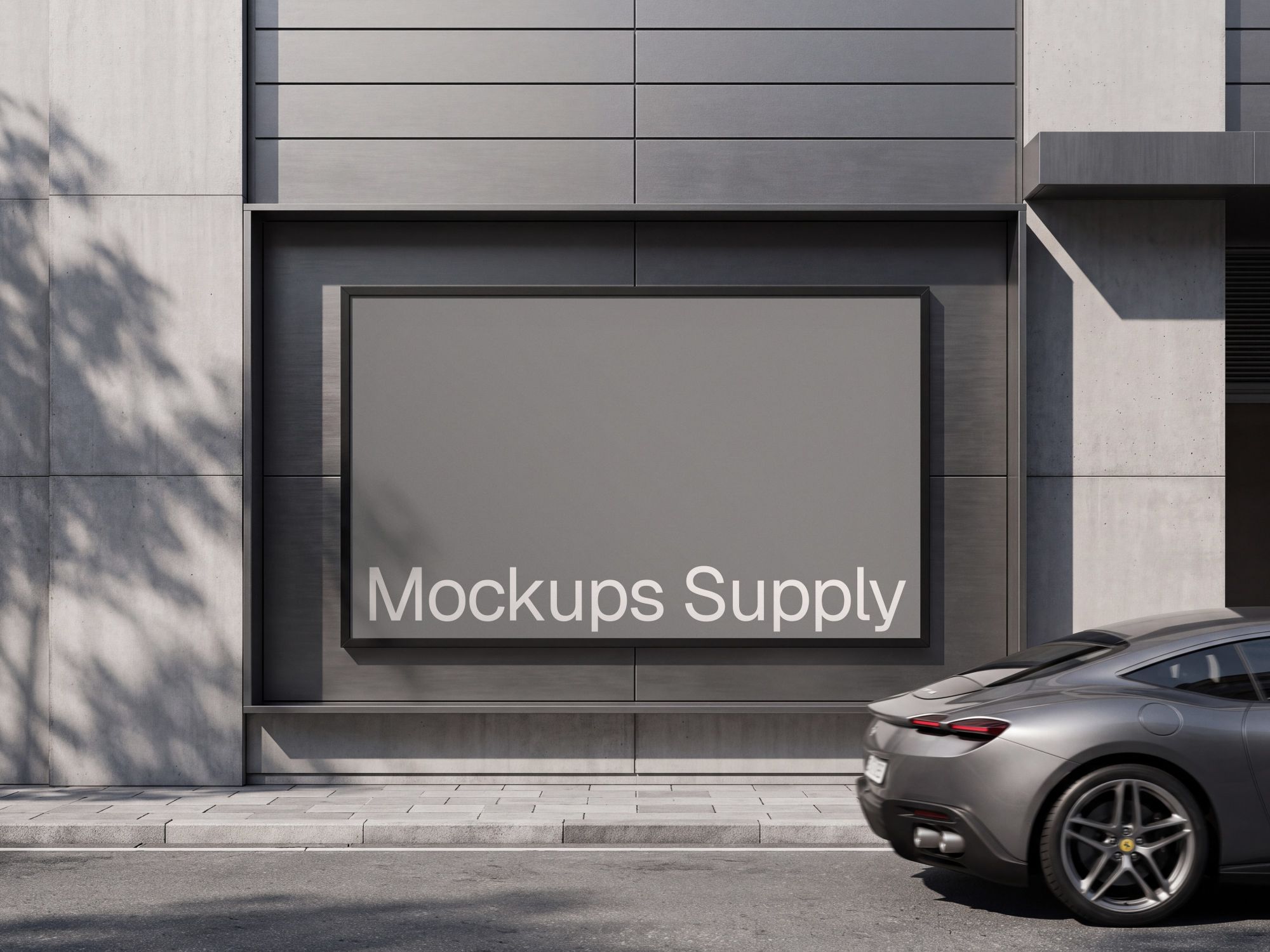 Billboard mockup on a concrete panel facade with a gunmetal sports car at street level