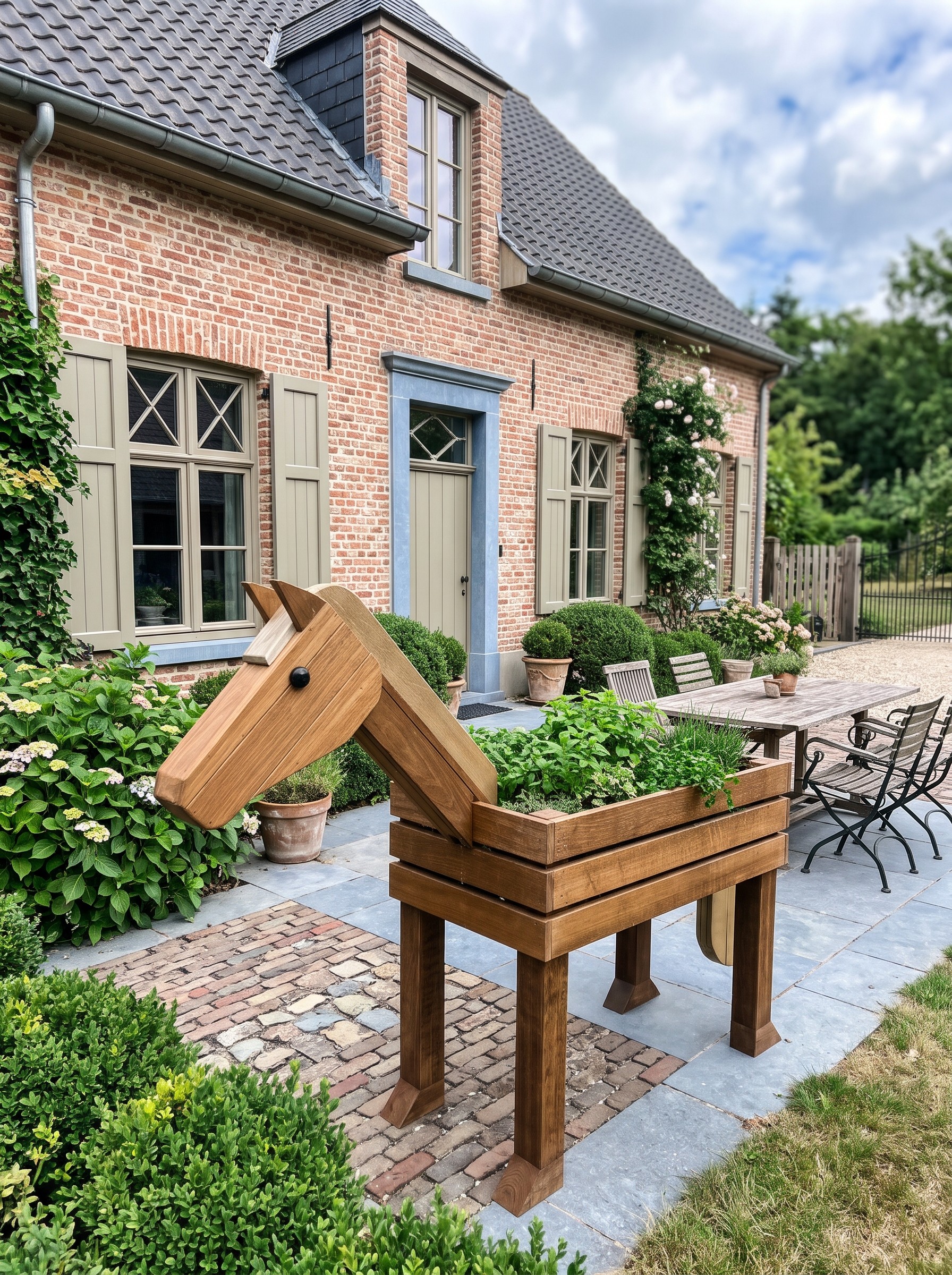 Herbie vol keukenkruiden op een terras voor een bakstenen woning