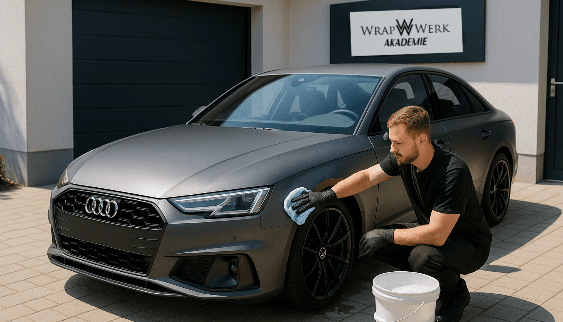 Autopflege draußen: Mann säubert Reifen eines matt folierten Audi mit Tuch