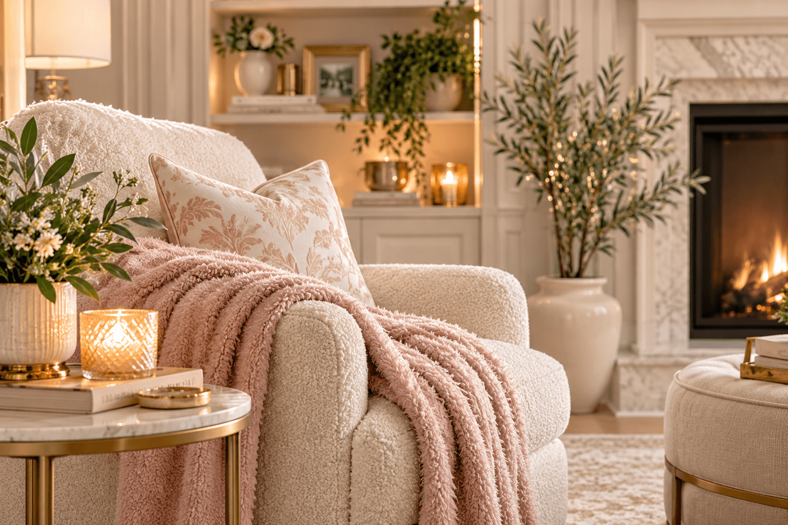 Home and comfort: cream bouclé chair, blush throw, and fireplace