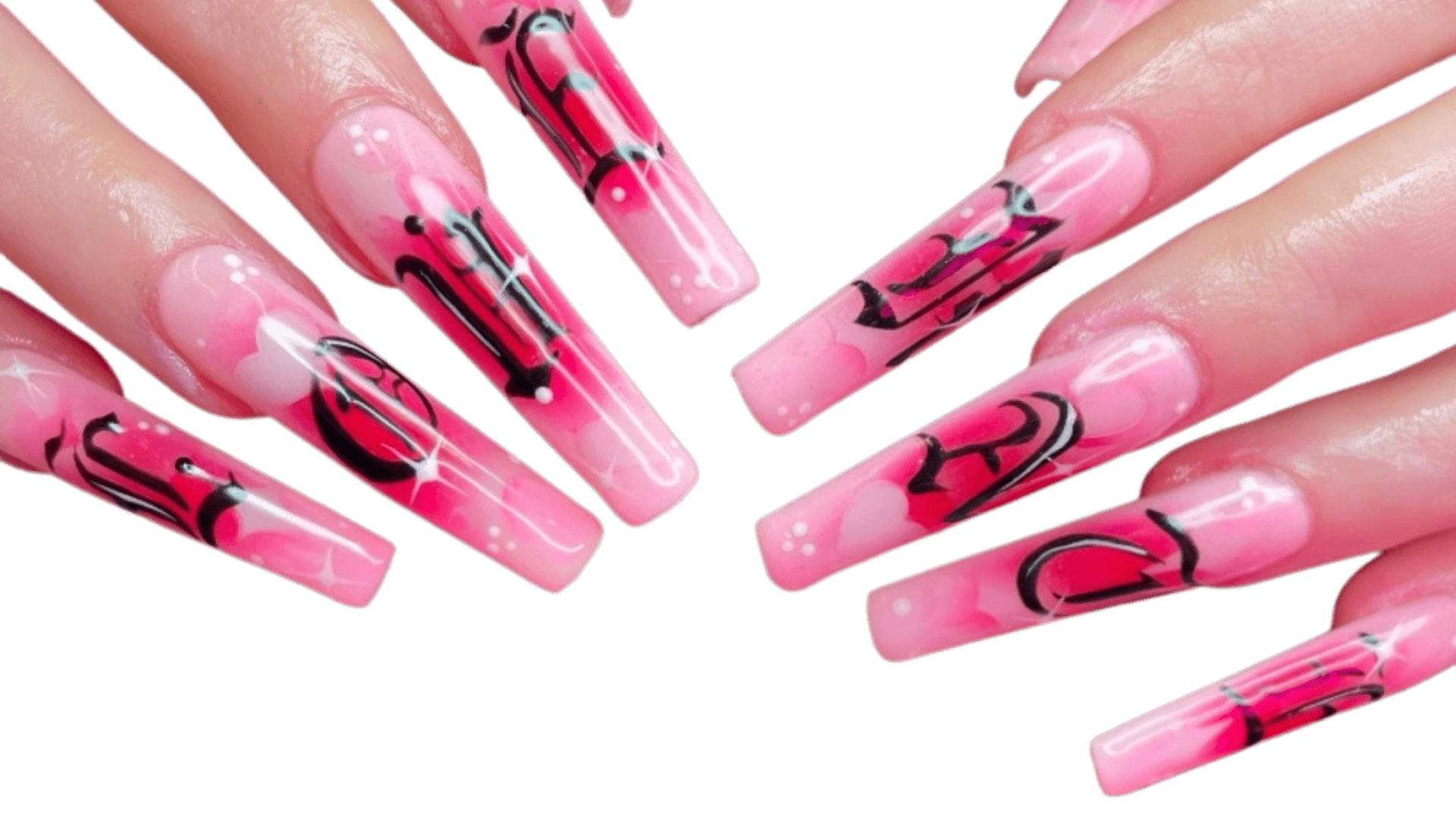 (Close-up) Extra-long square nails with a soft pink ombré and white "sparkle" details. Features bold, black Old English-style calligraphy that spans across the fingers to spell out "LOVE" and "HATE."