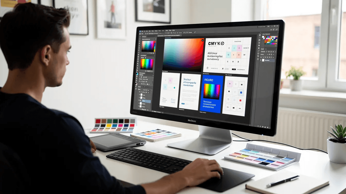 A designer is seated at a large desktop monitor in a clean workspace, surrounded by color swatches and layout elements visible on the screen, showcasing a professional web design process. This image reflects the creativity and precision involved in web design services offered by a leading web design company in Dubai.