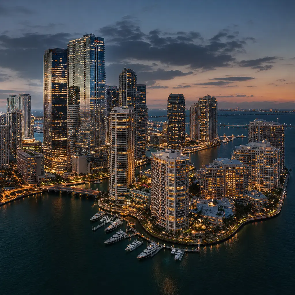 Aerial twilight view of the Brickell and Brickell Key skyline, featuring illuminated luxury skyscrapers, waterfront condominiums, a private marina filled with yachts, and Biscayne Bay