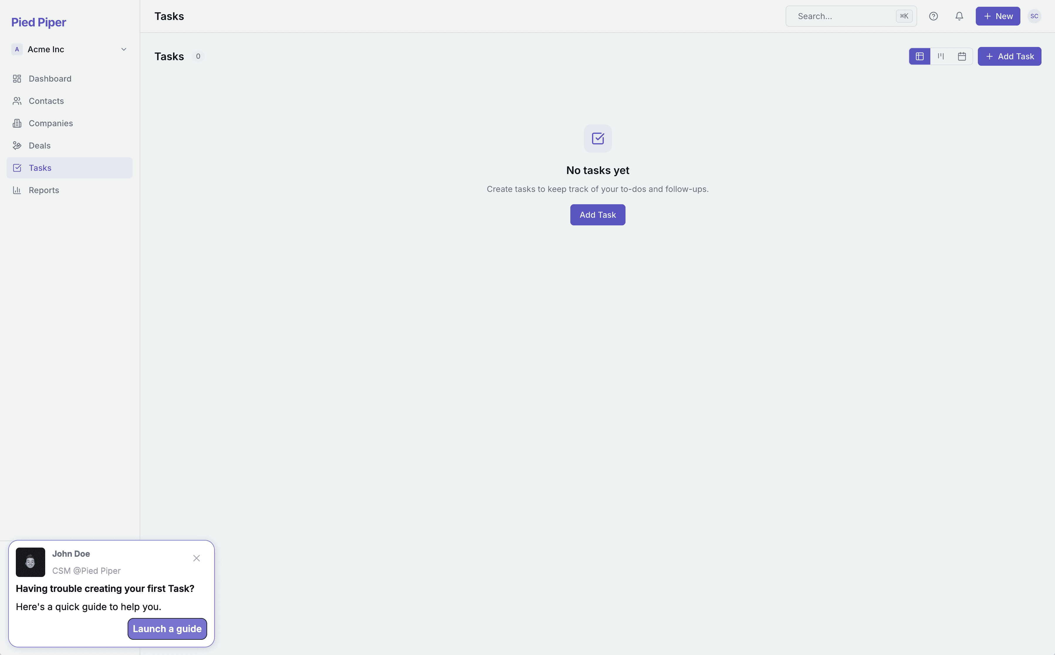 A time-delayed nudge: after a user sits on an empty Tasks page without acting, a contextual prompt from the CSM appears offering a quick guide to create their first task.