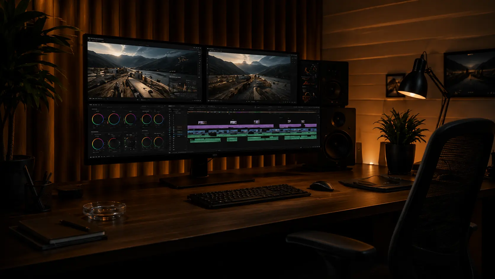 Studio de post-production immobilier avec espace de montage vidéo et d’étalonnage avancé pour contenus photo et vidéo aériens.
