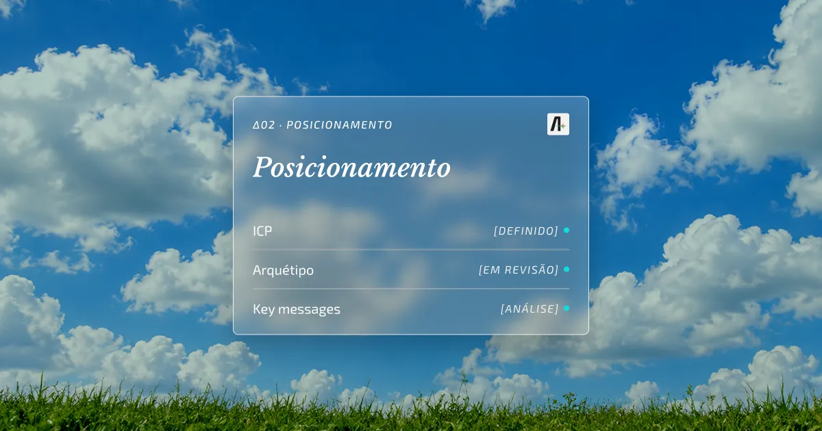 Céu azul com nuvens sobre grama com card de vidro de posicionamento: ICP, arquétipo e key messages.