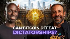 Podcast thumbnail featuring Obi Nwosu and a host with the title 'Can Bitcoin Defeat Dictatorships?' A large Bitcoin coin and dramatic fortress gates appear in the background.