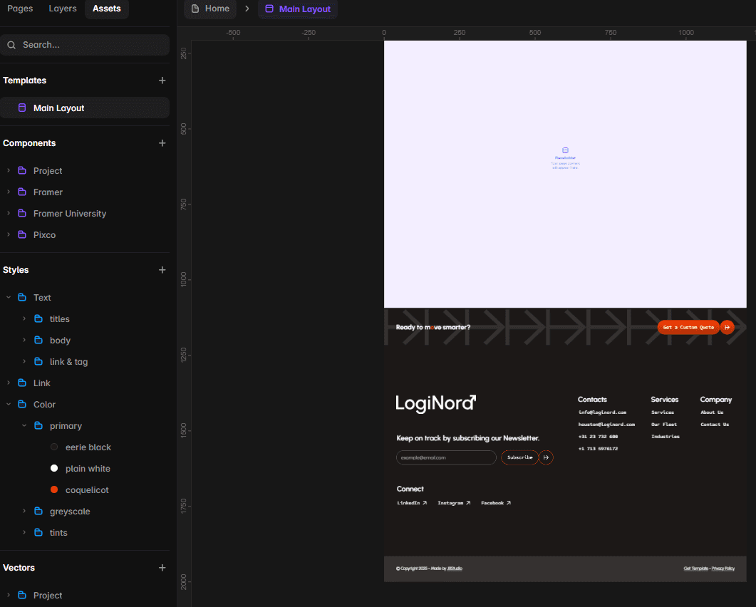 Framer Assets panel showing the LogiNord main layout template, reusable components, text styles, and color styles.