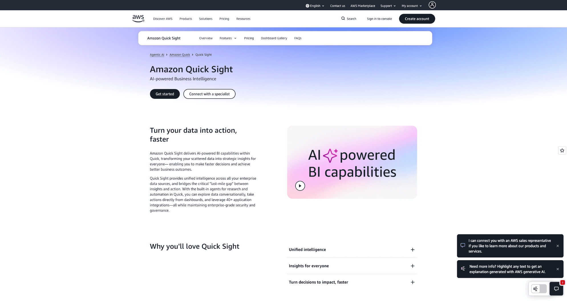 Amazon QuickSight business intelligence dashboard displaying AWS native analytics with automated insights and data visualizations.