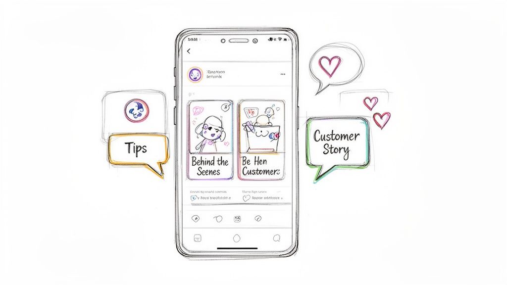 Sketch of a smartphone displaying social media stories with business content ideas like 'Tips' and 'Customer Story'.