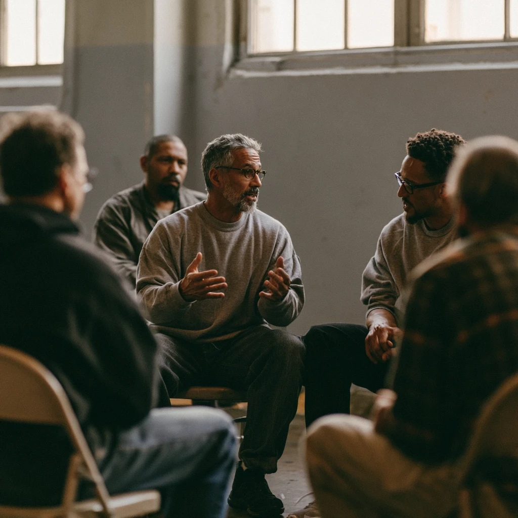 Four men sitting in a circle on chairs during a conversation.