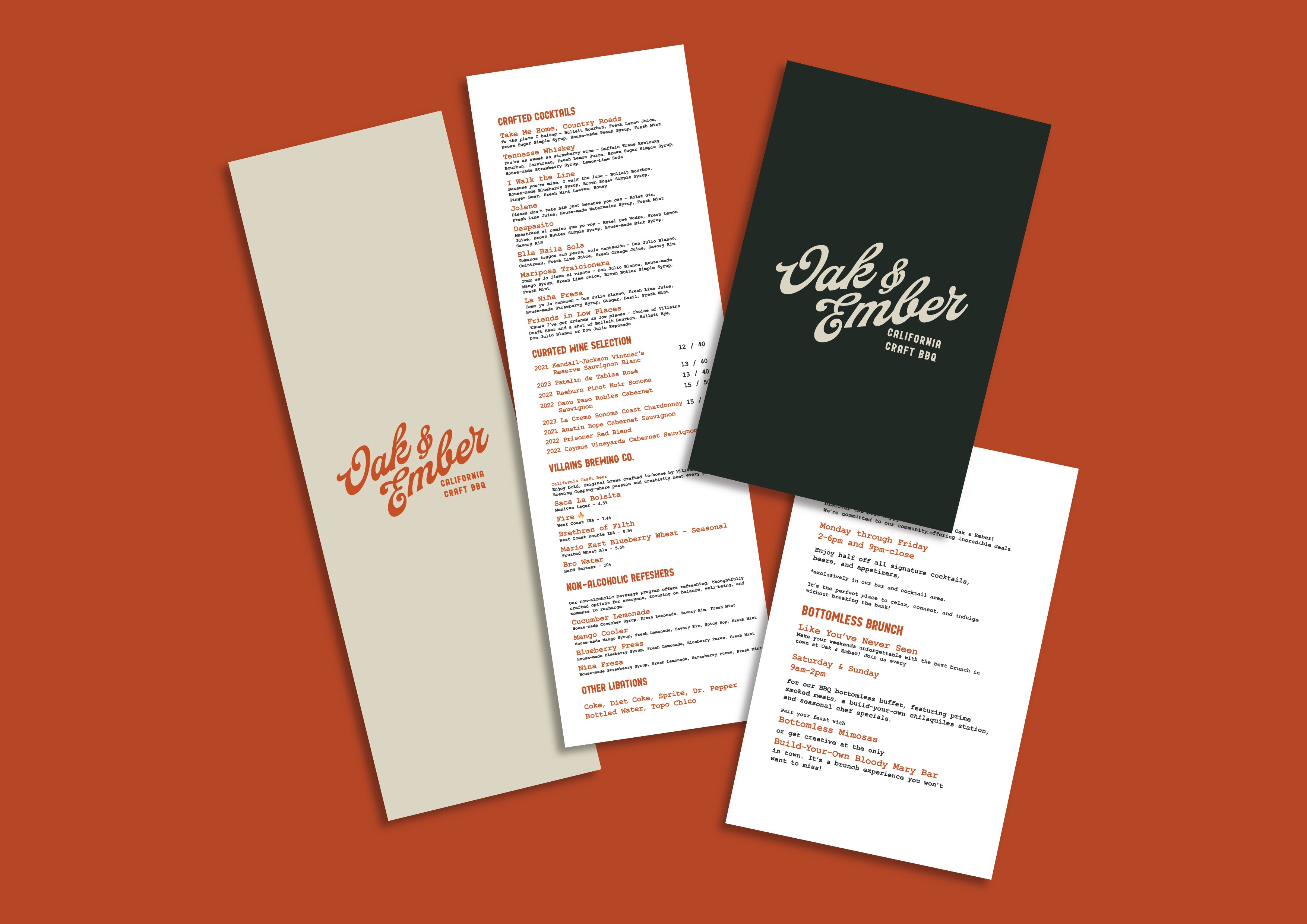 Oak and Ember menu system and printed brand collateral