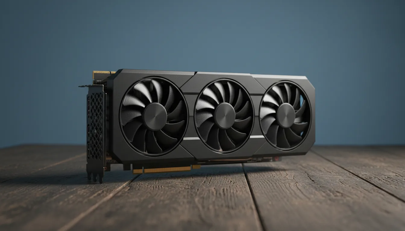 DSLR product photography of a modern, black, triple-fan computer graphics card (GPU) resting on a rustic, dark-grained wooden desk. Soft studio lighting from the side highlights the texture of the matte black plastic shroud and the wood grain. The background is a plain, solid, muted blue wall, softly blurred with a shallow depth of field.