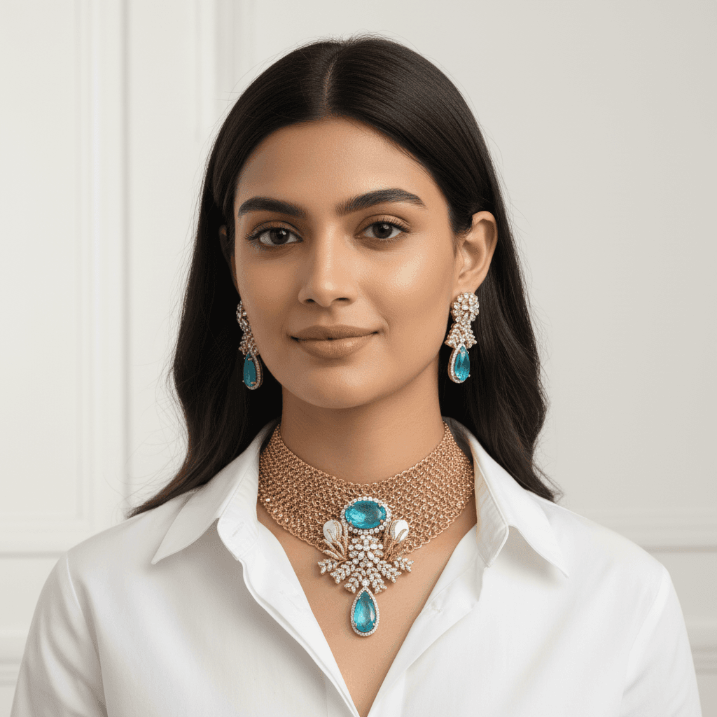 woman wearing jewellery set and a white shirt