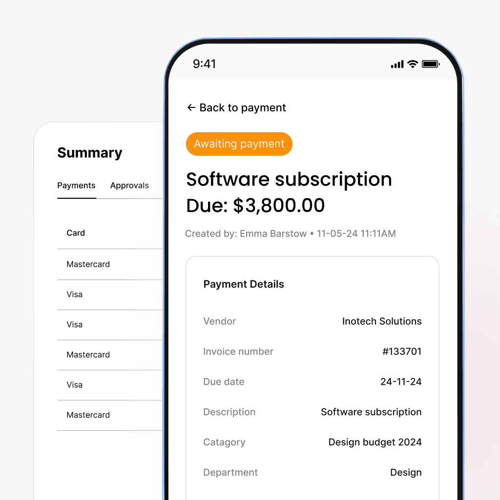 Mobile interface showing payment details for a software subscription, including vendor, invoice number, amount due, and department.