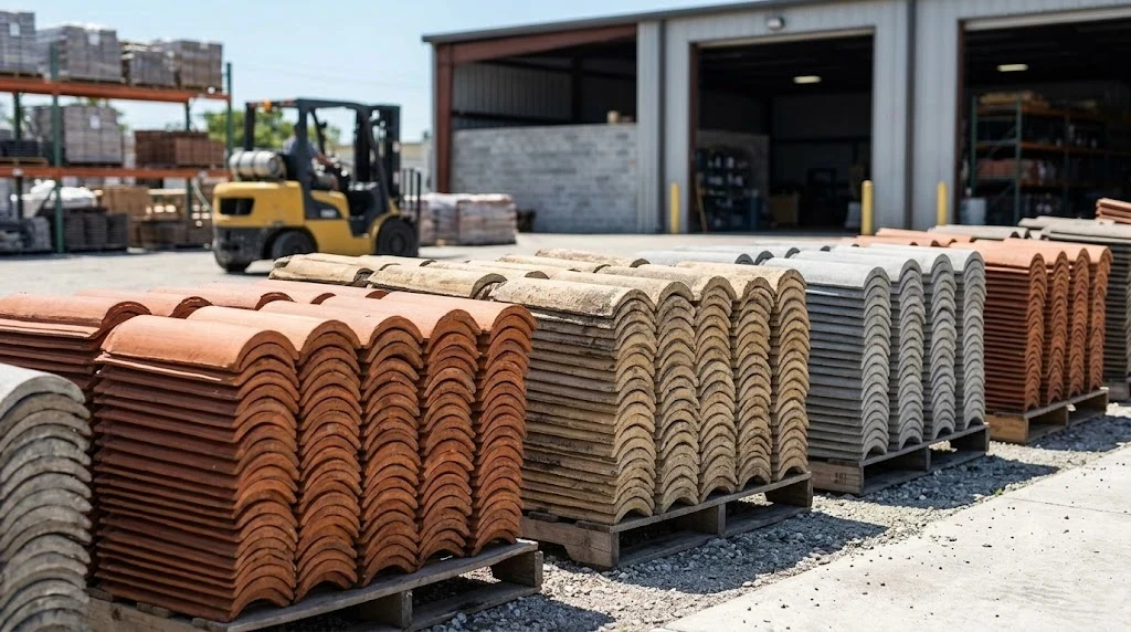 Pallets of concrete roof tiles in three colour tones stacked at a Florida roofing supply yard