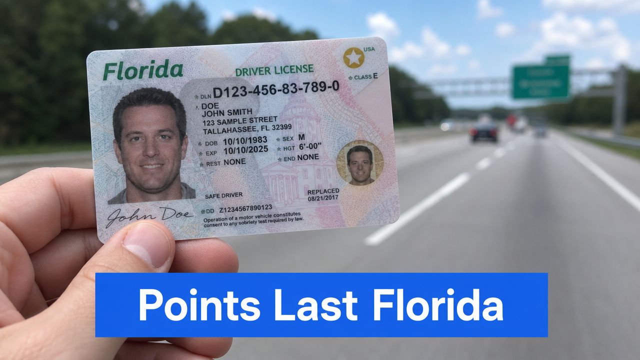 A hand holds a Florida driver's license against a blurred highway background with road signs visible.