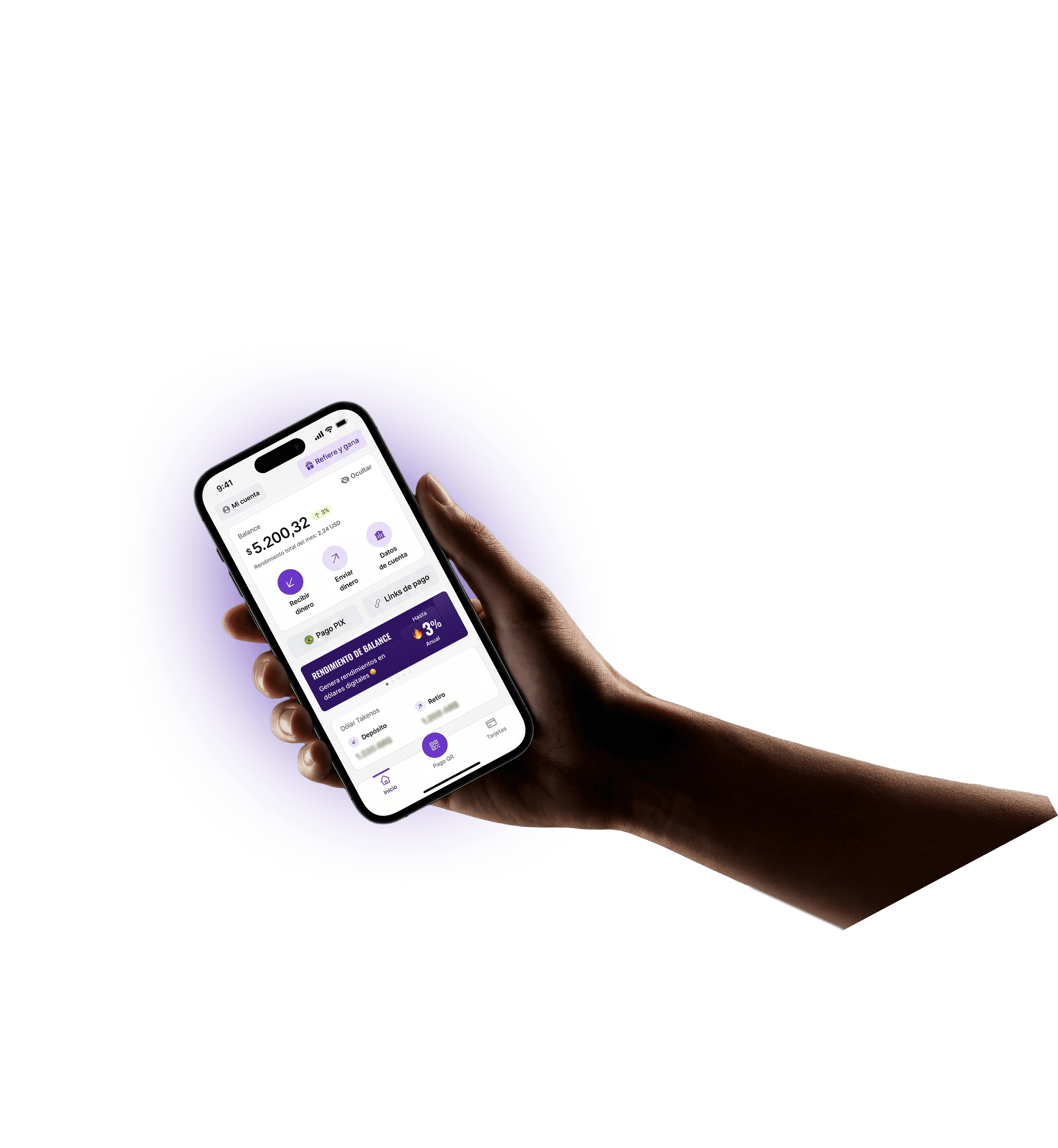 Primer plano de un smartphone mostrando la interfaz de la Billetera Digital de Takenos. En la pantalla se visualizan saldos en dólares y notificaciones de transacciones internacionales, destacando la facilidad para gestionar dinero global desde la aplicación.