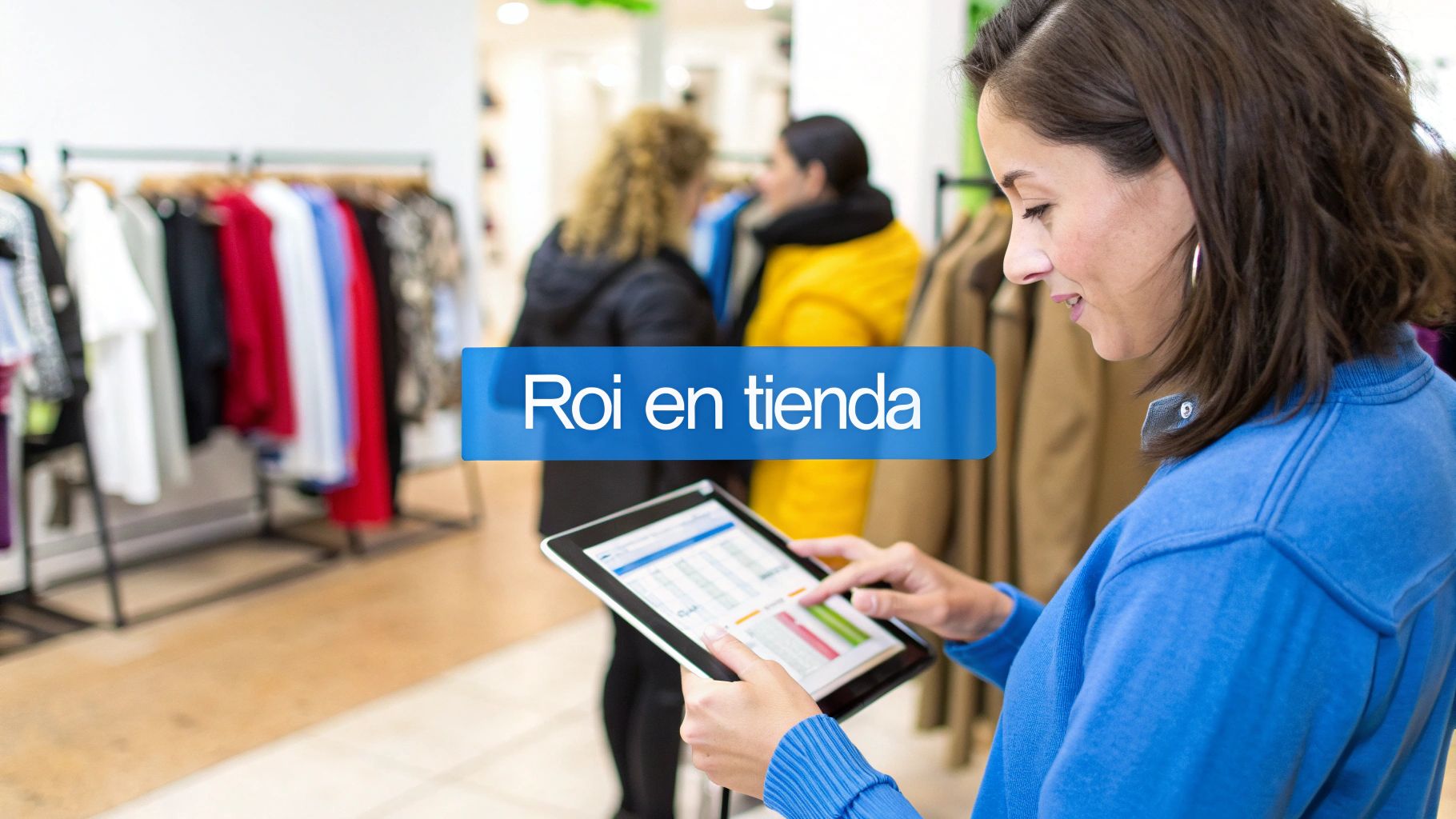Mujer usando una tablet para consultar métricas de ROI en el interior de una tienda de ropa.