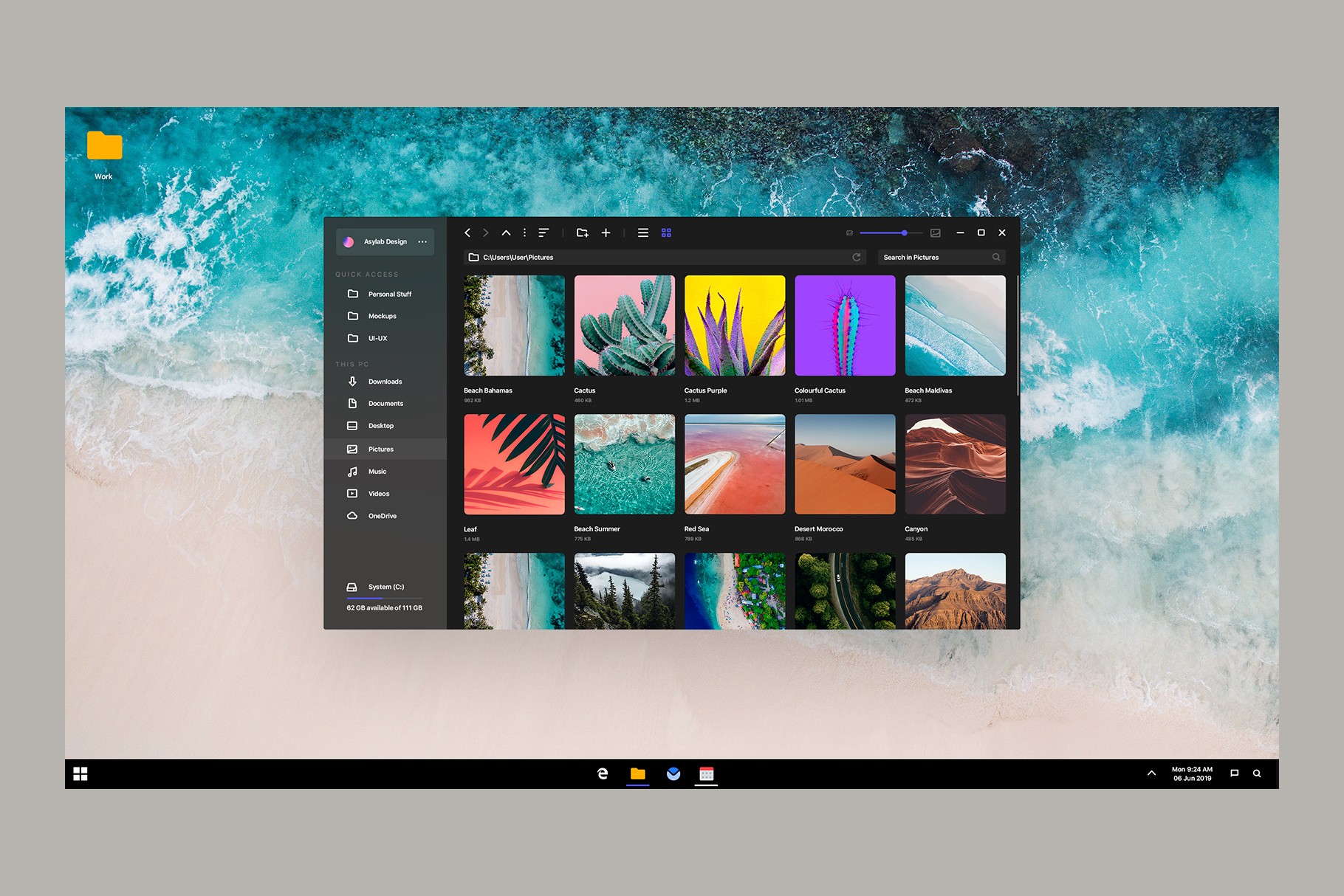 Dark mode Windows 11 concept with an open file explorer showing image thumbnails.