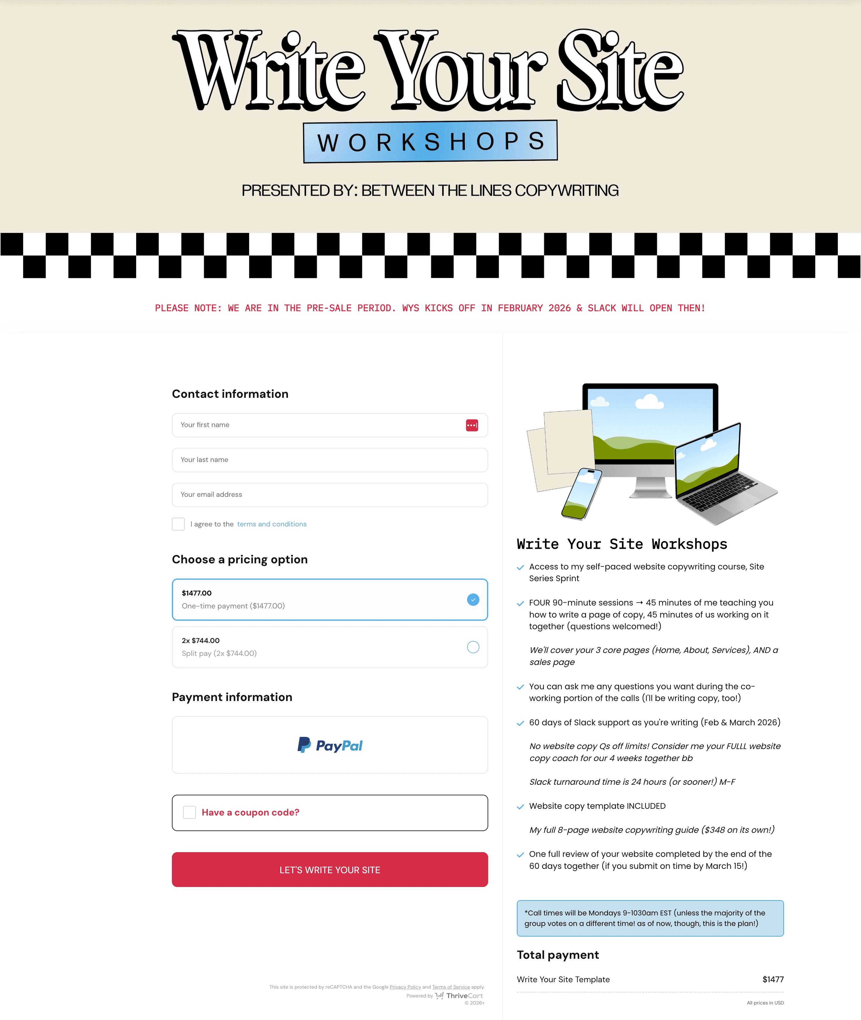 Thrivecart checkout for Sara Joelle's Workshop