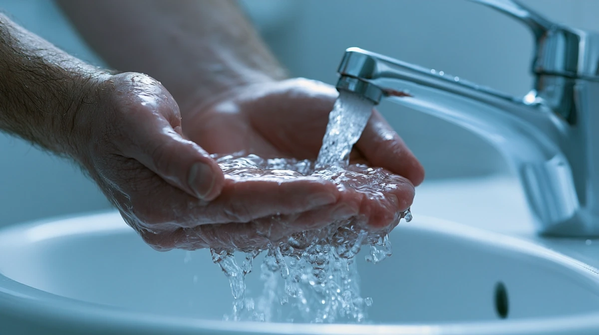 Cold water running over the insides of the wrists at a sink.