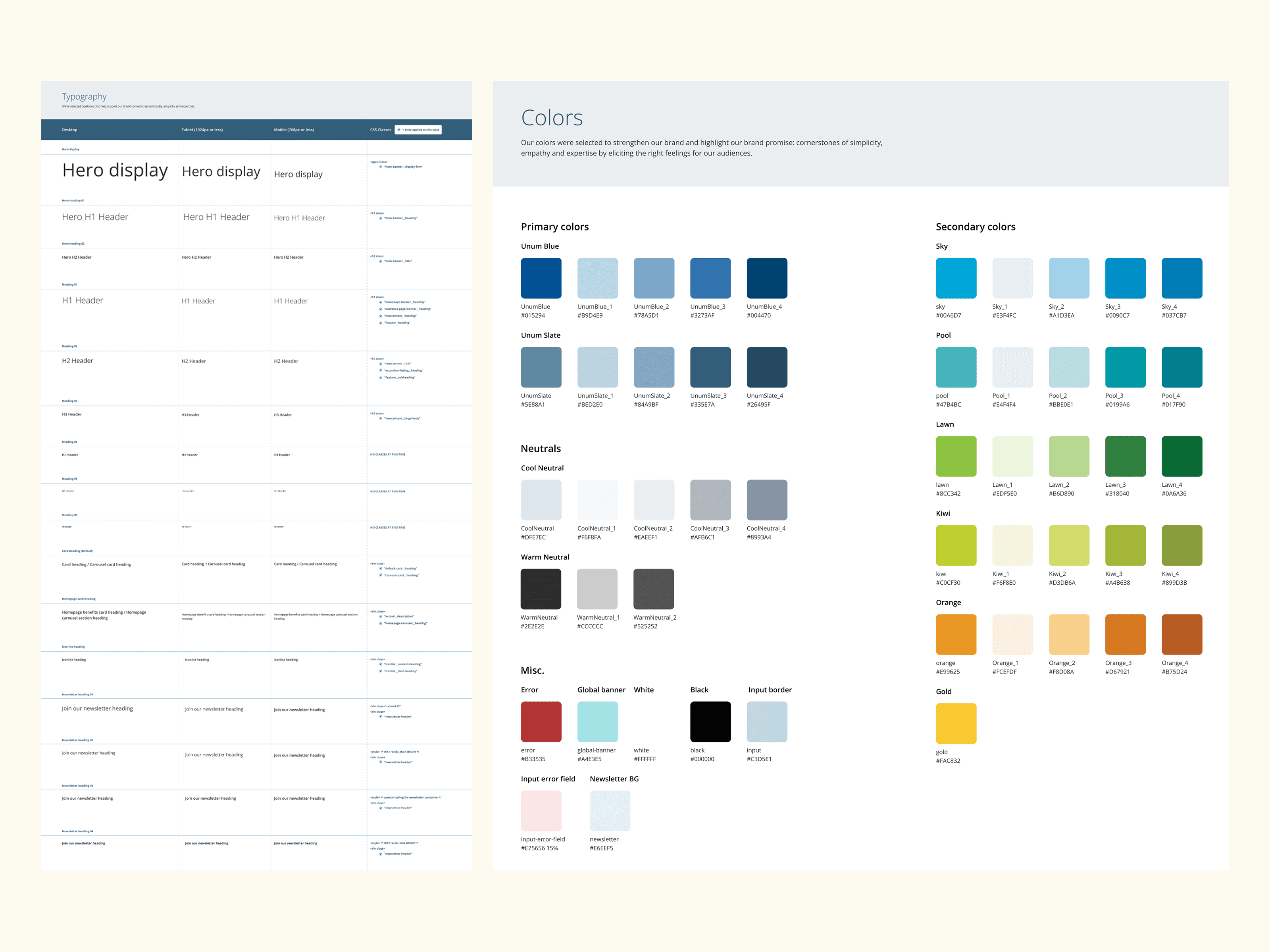 Unum design system token library — typography ramp and color palette