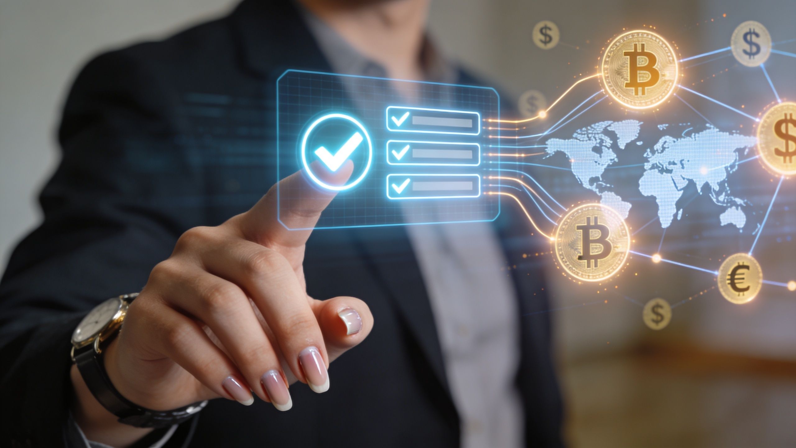 A businesswoman interacts with a digital hologram showing global financial transactions, crypto icons, and a checklist interface.