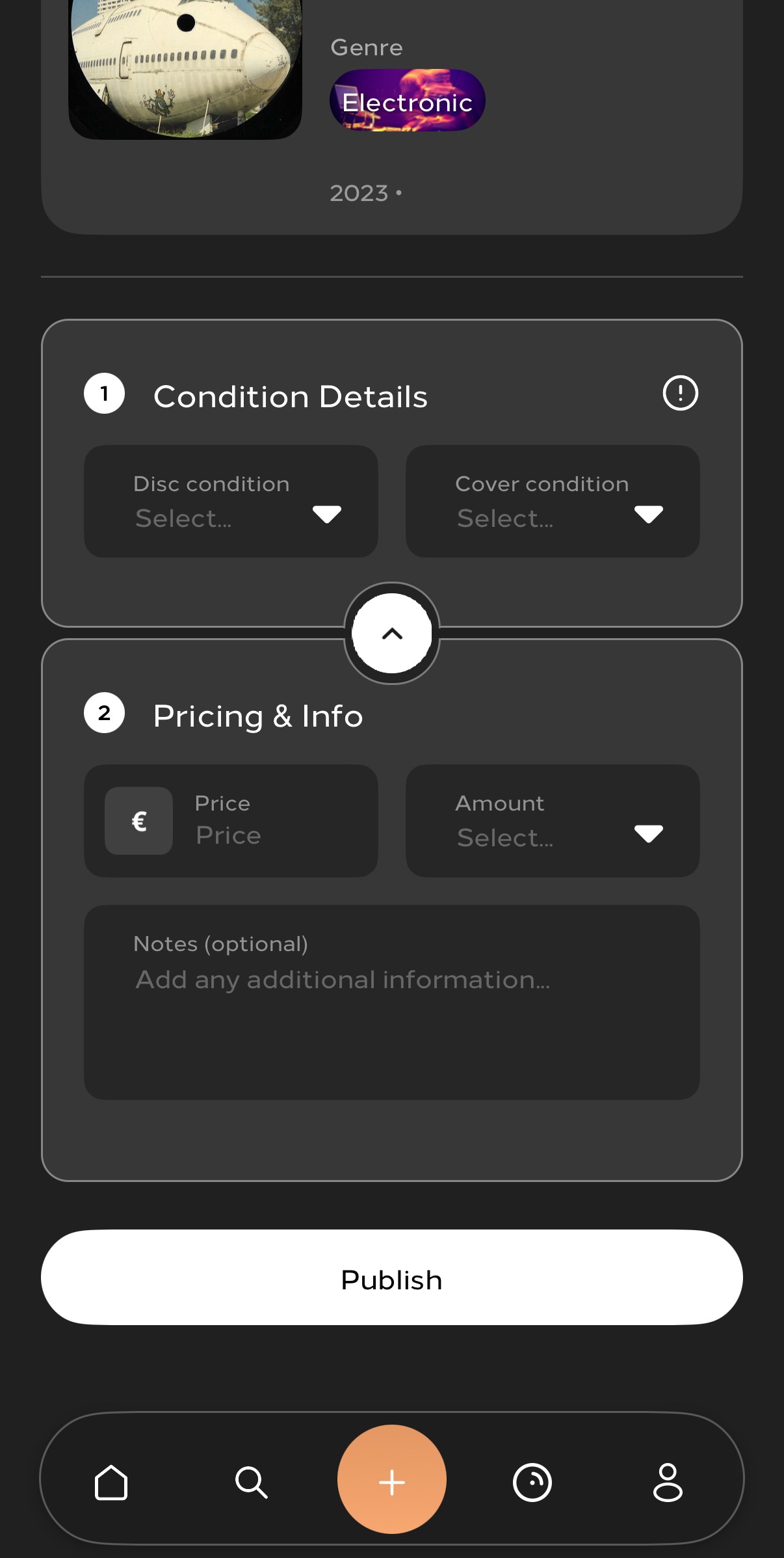 DWICE app screen for grading a vinyl record, setting condition, price, and publishing the listing.