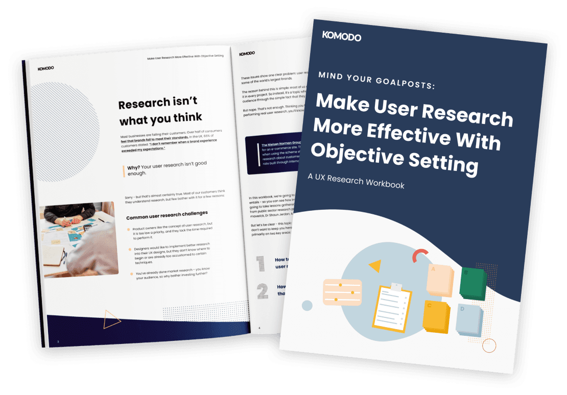 a mockup image showing a workbook on the topic of Making User Research More Effective with Objective Setting