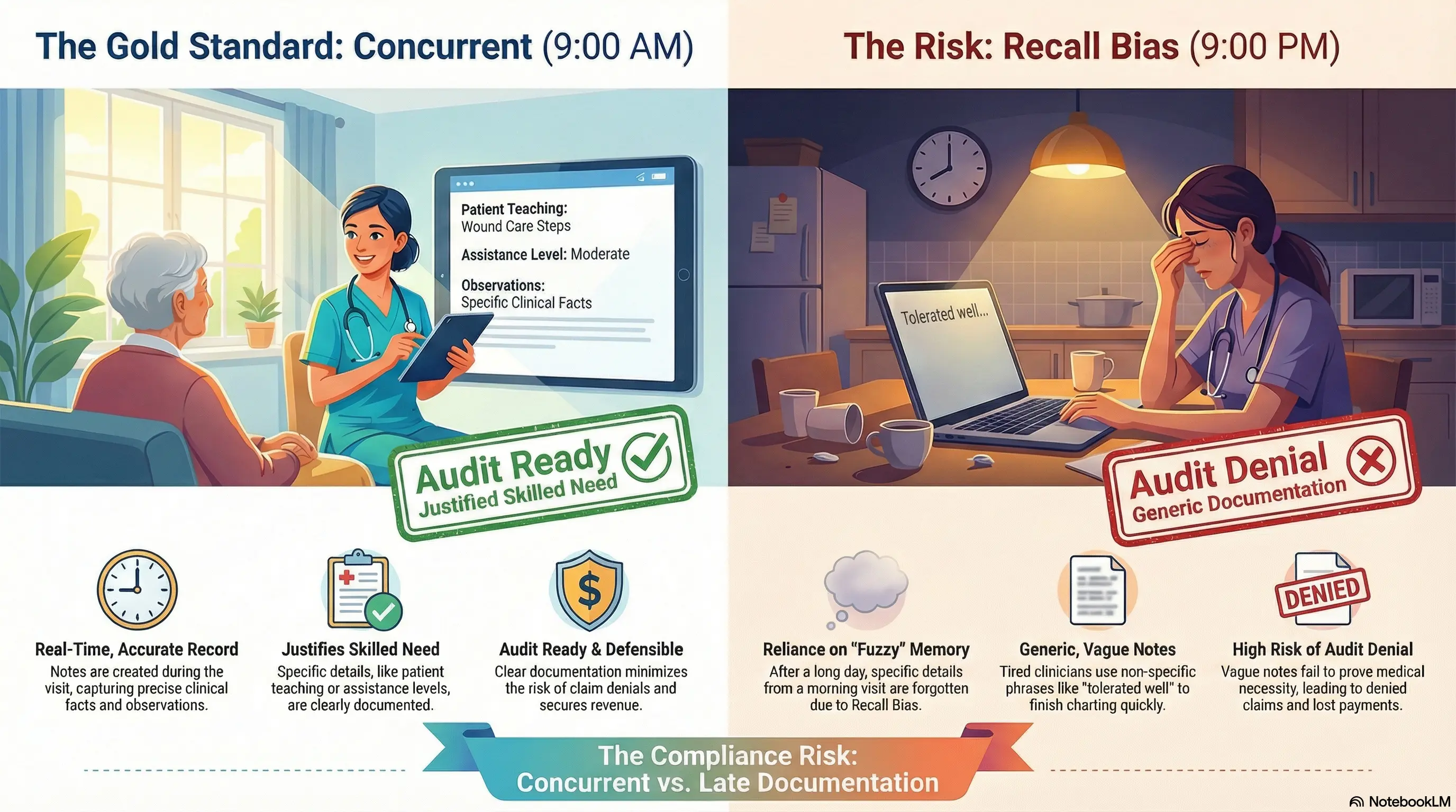 Split-screen comparison titled 'The Compliance Risk'. The left side, 'The Gold Standard (9:00 AM)', shows a nurse documenting concurrently on a tablet, stamped 'Audit Ready'. The right side, 'The Risk: Recall Bias (9:00 PM)', shows a tired nurse at home struggling to remember details, stamped 'Audit Denial', illustrating how late charting leads to generic notes and lost revenue.