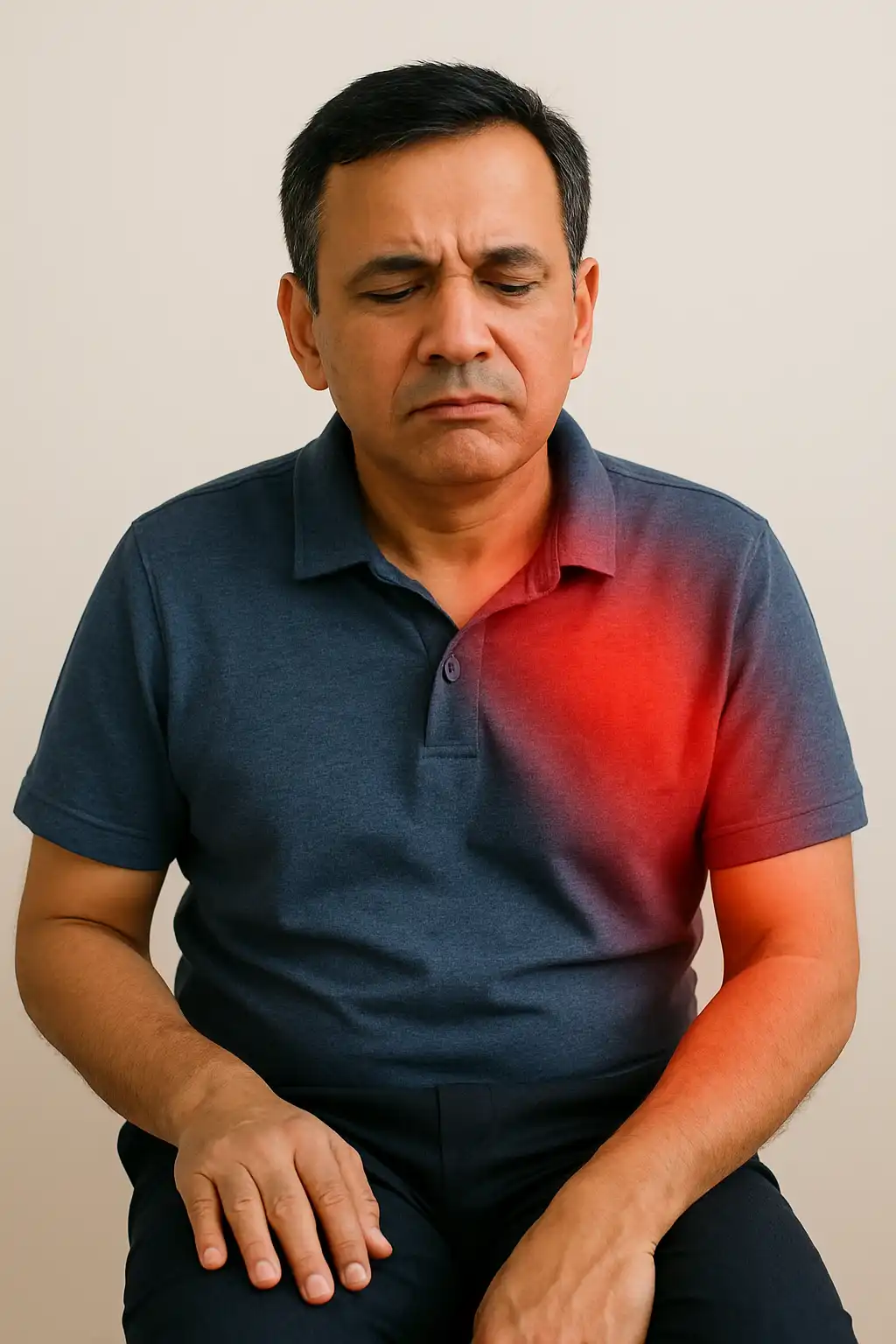 Middle-aged man with shoulder and arm pain marked in red, displaying weakness associated with hemiparesis.