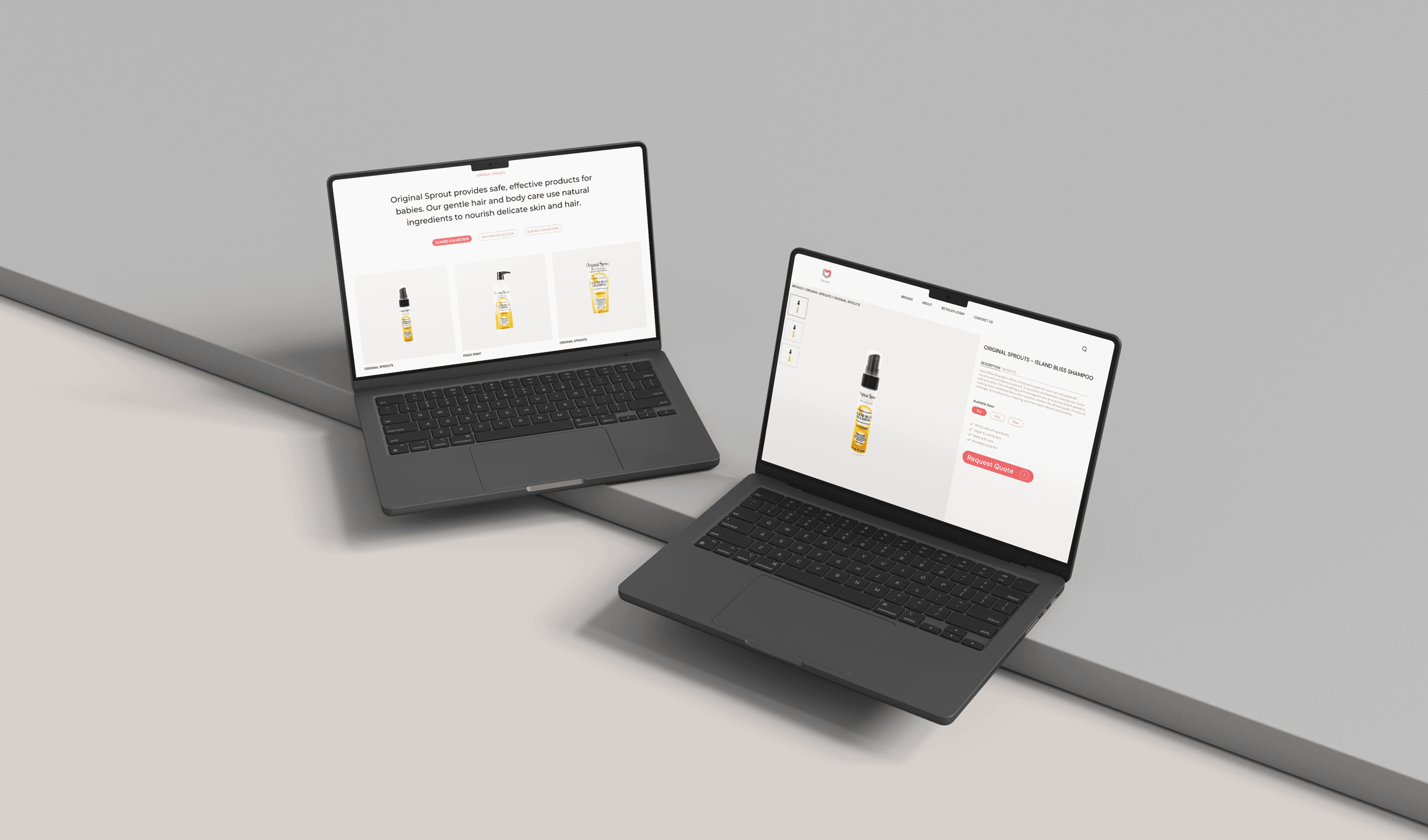 Dual laptop mockup displaying an eCommerce website for Original Sprout hair and body care products, showcasing a clean, user-friendly product listing and detail page for an engaging online shopping experience.